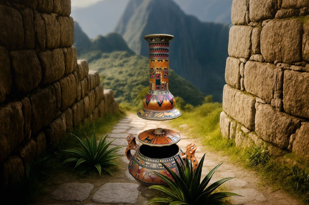 Декоративные керамические горшки с замысловатыми узорами располагаются на каменной дорожке между древними каменными стенами, на заднем плане горы.