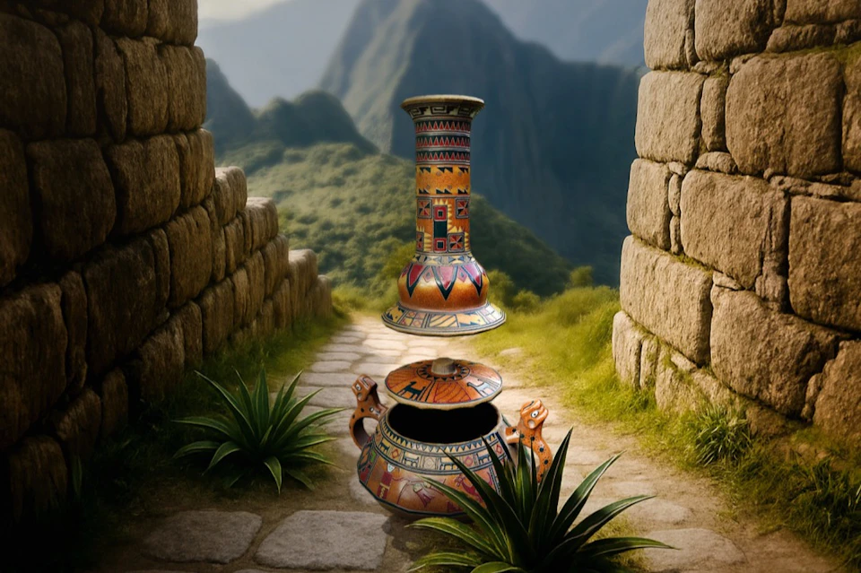Decorative ceramic pots with intricate patterns sit on a stone path between ancient stone walls, with mountains in the background.