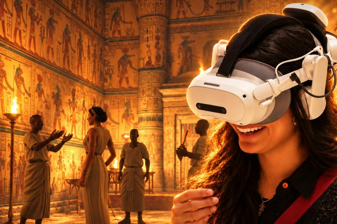 En kvinna som bär ett VR-headset ler, med en virtuell forntida egyptisk scen med människor och hieroglyfer i bakgrunden.