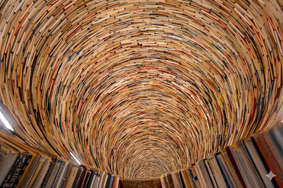 Tunnel formed by stacked books creating a circular archway, viewed from inside, with visible spines and pages.