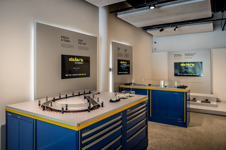 Room with blue cabinets, two tracks on counters, and Dallara Academy screens on walls. Ceiling lights provide illumination.
