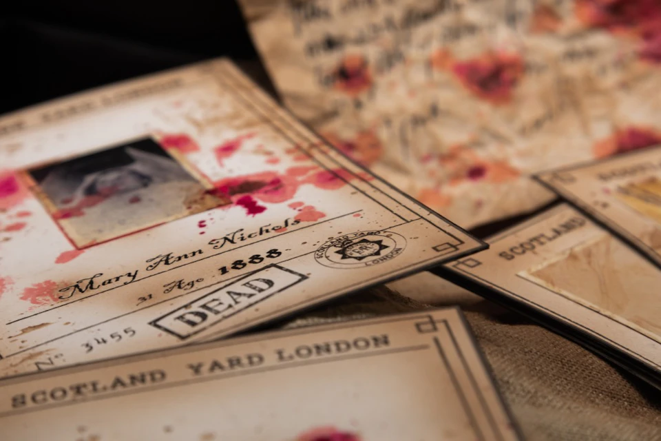 Old documents and letters with handwritten text and stamps, some stained with red marks, arranged on a surface.