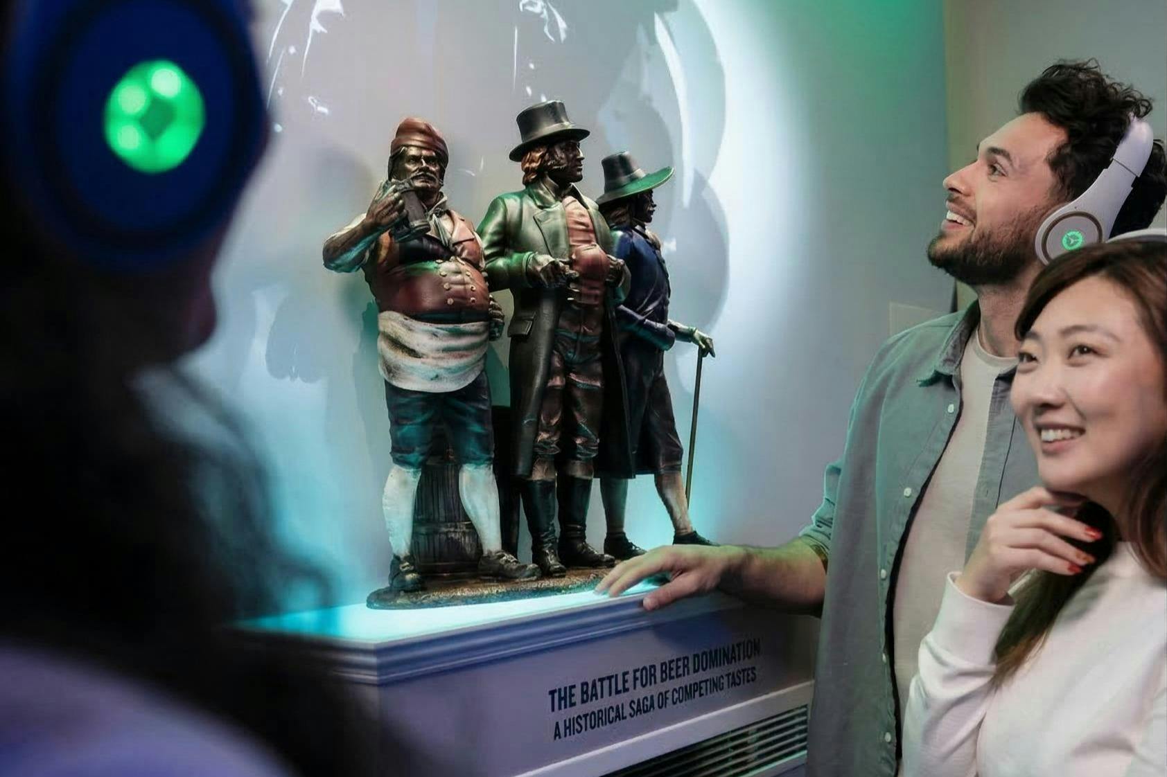 Δύο άνθρωποι παρατηρούν ιστορικά ειδώλια σε μια έκθεση με τίτλο «Η μάχη για την κυριαρχία της μπύρας: Ένα ιστορικό έπος ανταγωνιστικών γεύσεων».