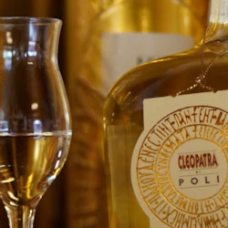 Ett glas gyllene vätska bredvid en flaska med en etikett där det står "Cleopatra di Poli". Bakgrunden är mjukt upplyst i guldtoner.