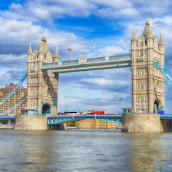 Tower Bridge i London över Themsen, med blå himmel, moln och byggnader i bakgrunden; en gås flyter i förgrunden.