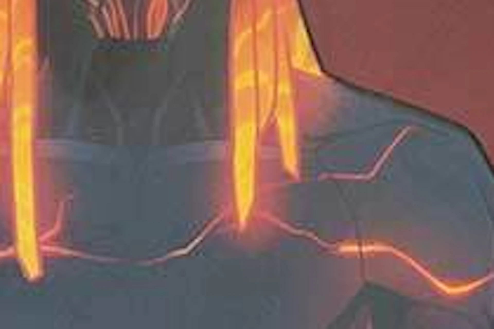 Two people pose next to a cutout of a lava-themed superhero. The background features erupting volcanoes.