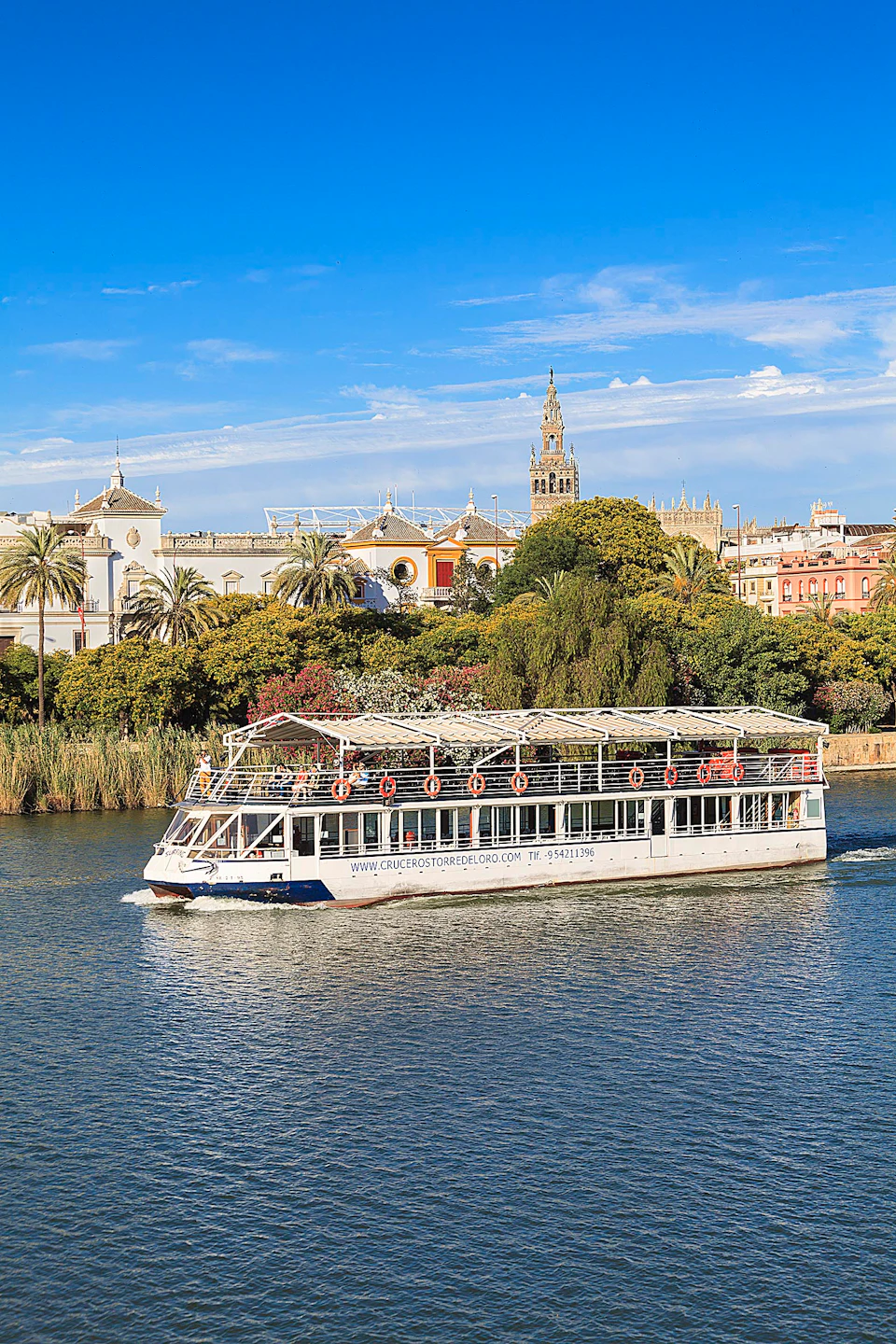A white tour boat on a river, with a backdrop of lush trees, historic buildings, and a tall church tower under a blue sky.