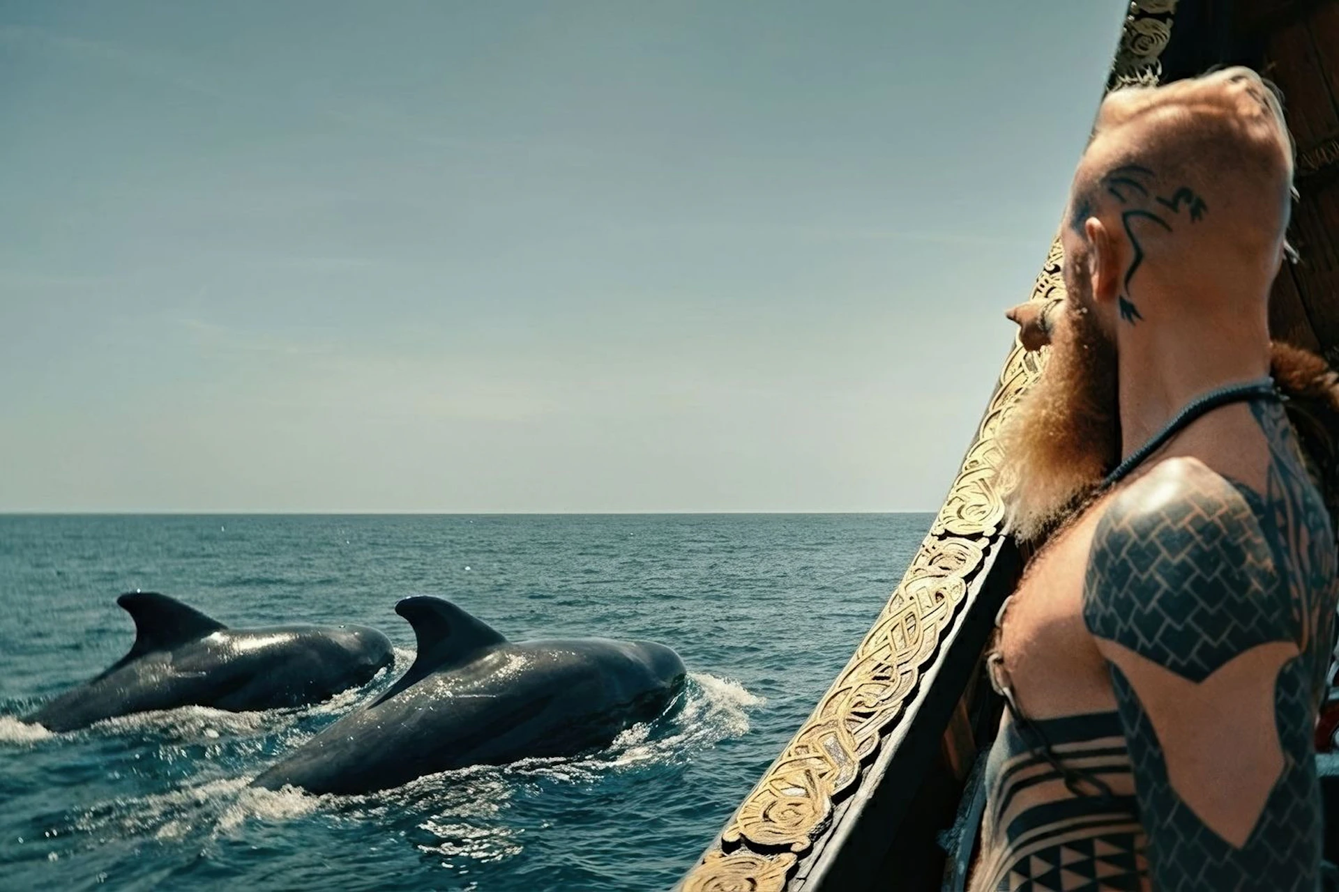 A person on a boat watches dolphins swimming in the ocean under a clear sky.