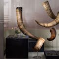 Carved drinking horns.