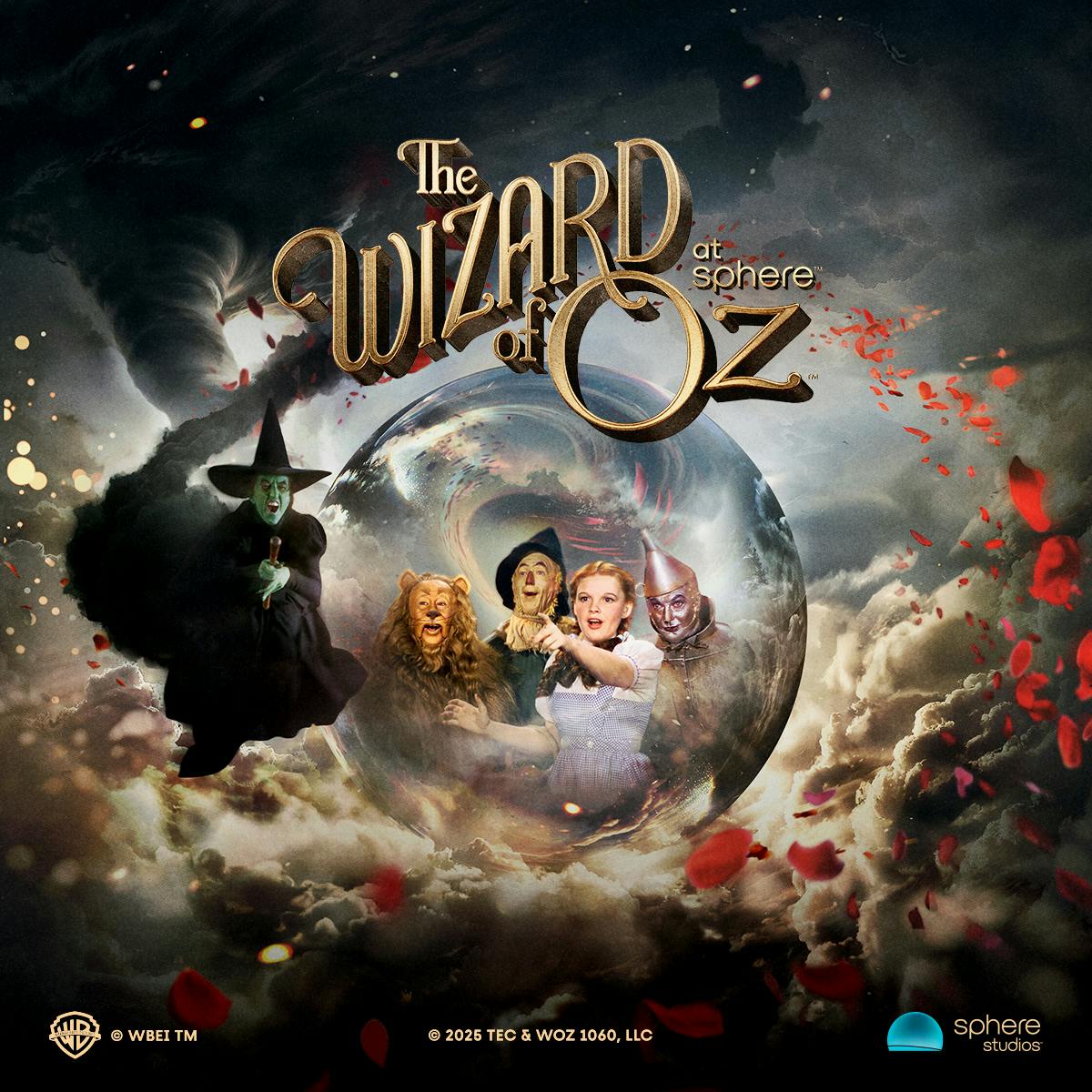 Promotional poster for "The Wizard of Oz" featuring Dorothy, the Scarecrow, Tin Man, Cowardly Lion, and the Wicked Witch, surrounded by swirling clouds and petals.
