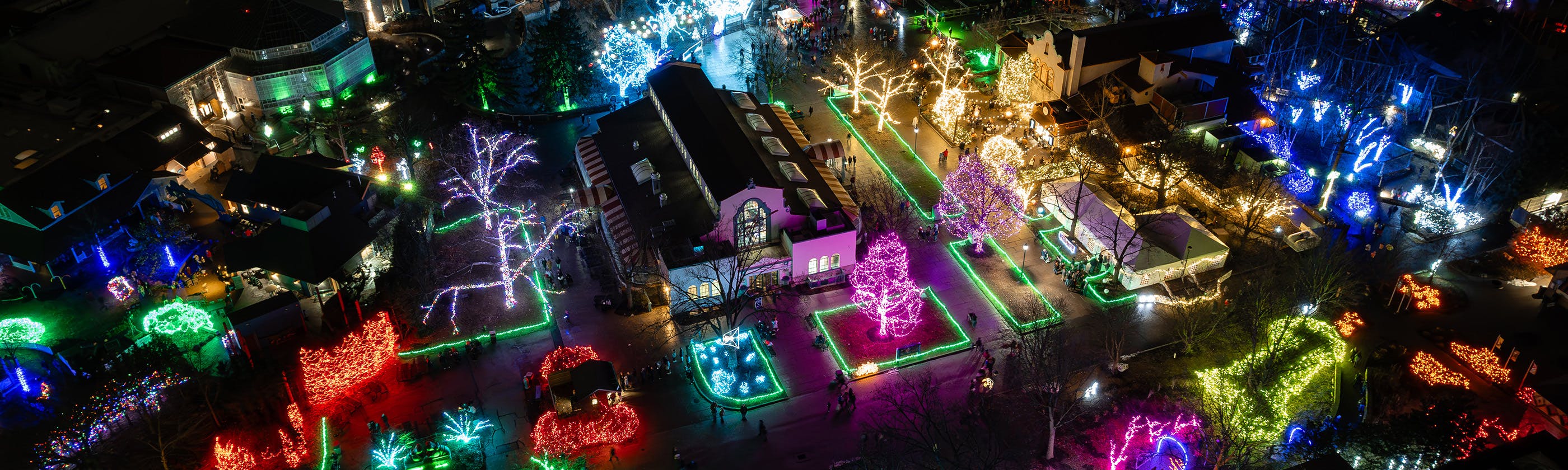 Aerial view of a brightly lit park decorated with colorful lights and illuminated trees at night, with people walking around.