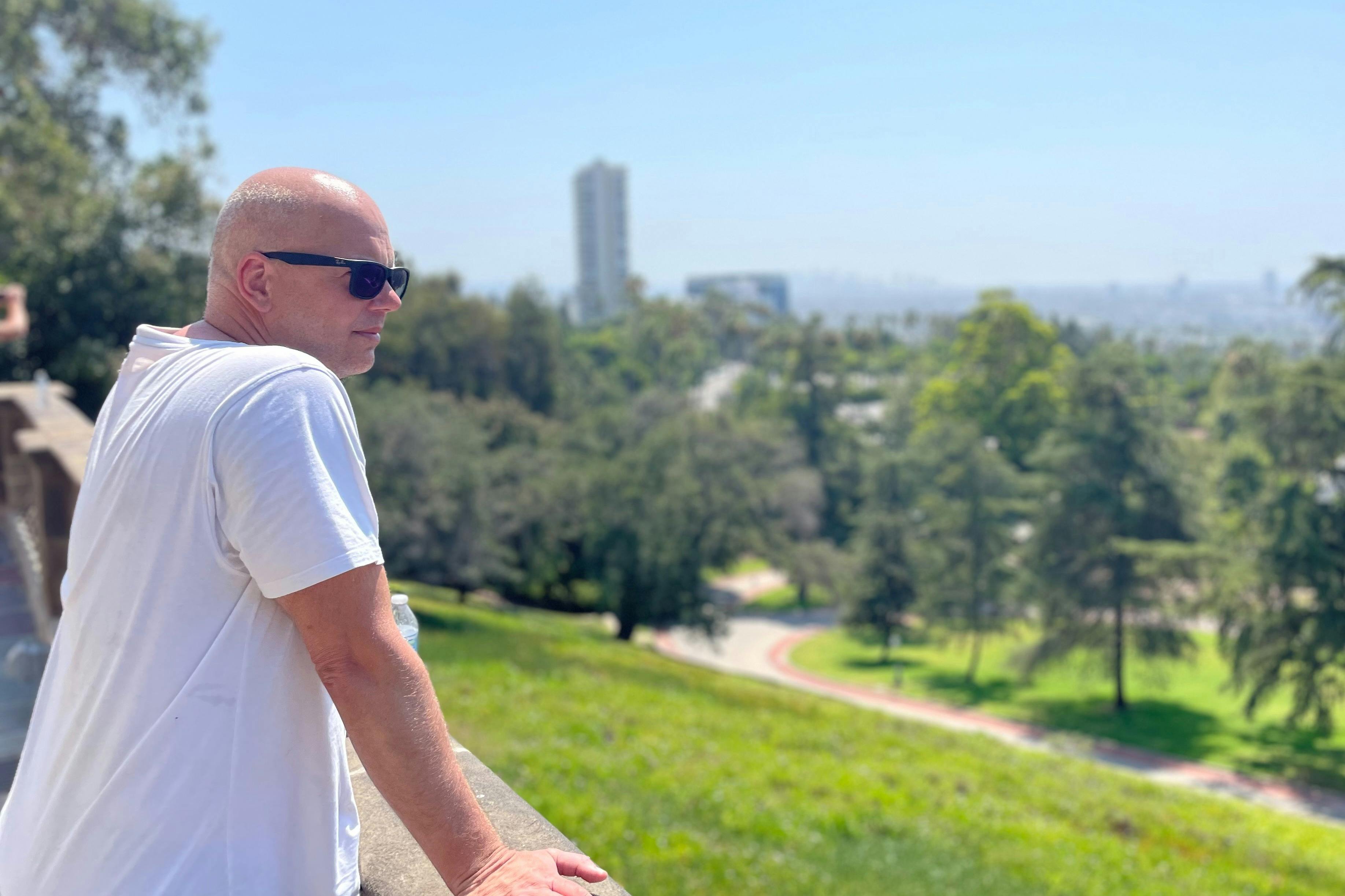 Taking in scenic views o LA from Greystone Mansion on this guided electric bike tour