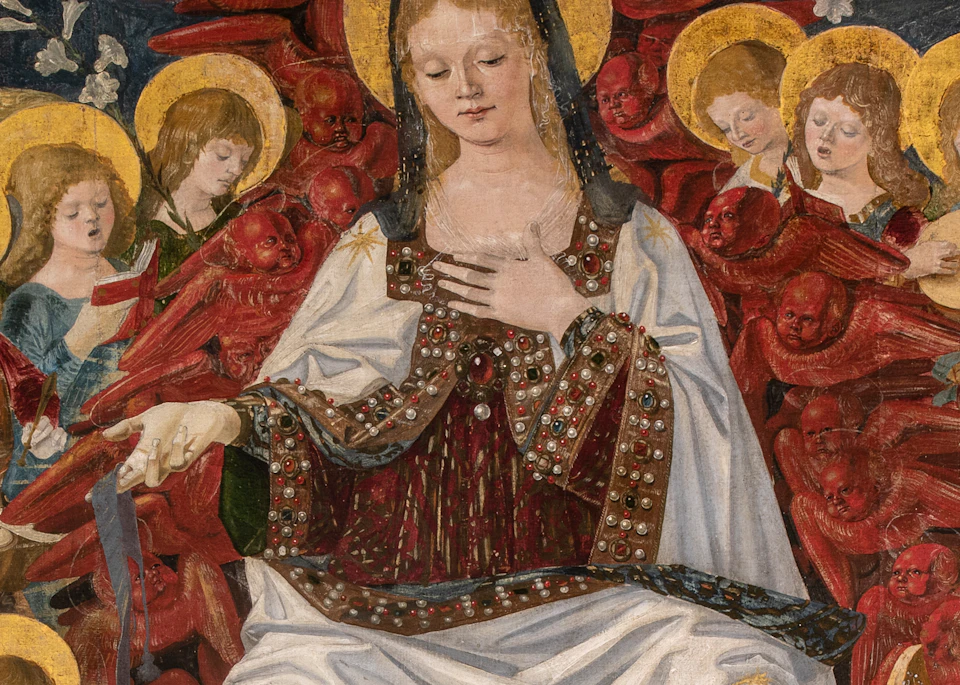 A central figure in a white robe surrounded by angels with golden halos, some playing musical instruments.