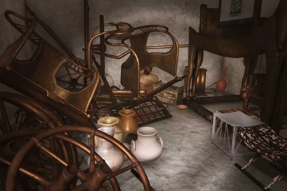A cluttered room with various objects including pots, metallic frames, and a bust among other items.