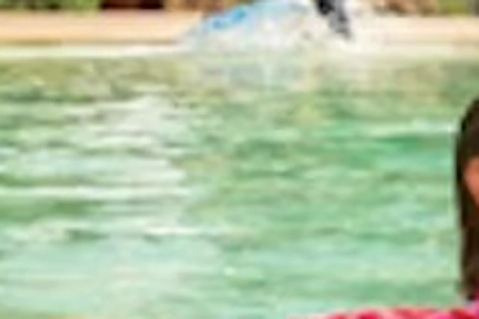 People enjoying a water park ride on inflatable tubes in a pool, surrounded by slides and tropical foliage.