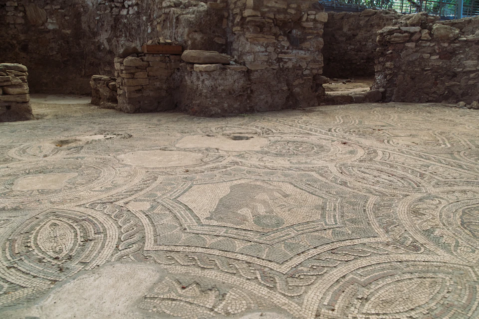 Ancient stone ruins with an intricate mosaic floor featuring geometric shapes and an animal figure in the center.