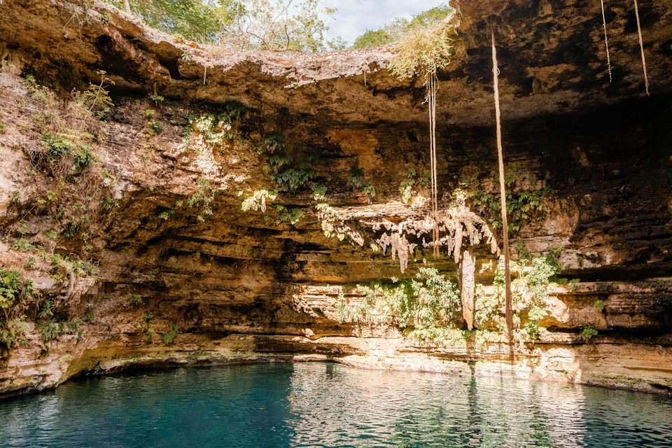 A natural cenote with clear blue water, surrounded by rocky walls covered in greenery and hanging vines.