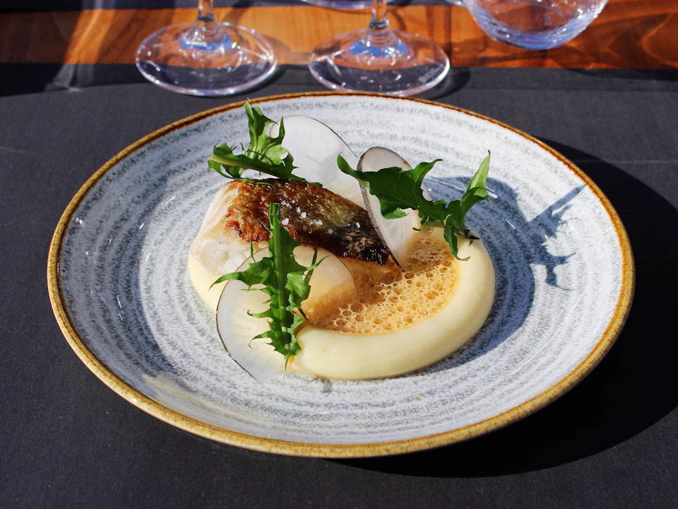 A dish of white fish, served with a foam sauce, leafy greens and thinly sliced vegetables on a grey plate, with wine glasses in the background.