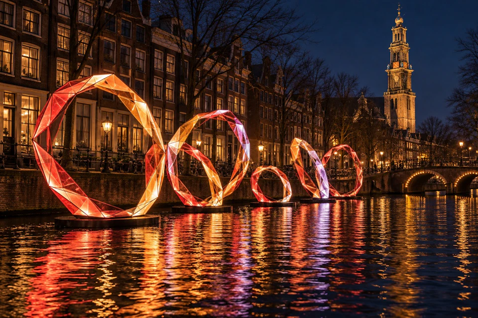 Illuminated geometric sculptures on a canal at night, with historic buildings and a church tower in the background.