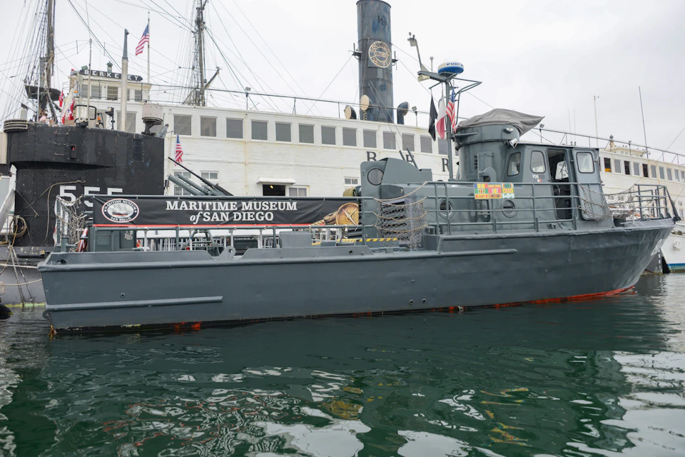 Vietnam-era PCF 816 Swift boat docked at Maritime Museum of San Diego before taking visitors on Naval History Bay Tour.