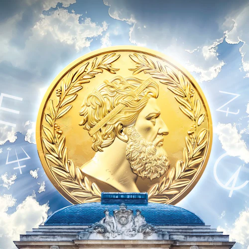 A large golden coin with a profile of a bearded man and a laurel wreath, set against a sky with clouds and symbols.