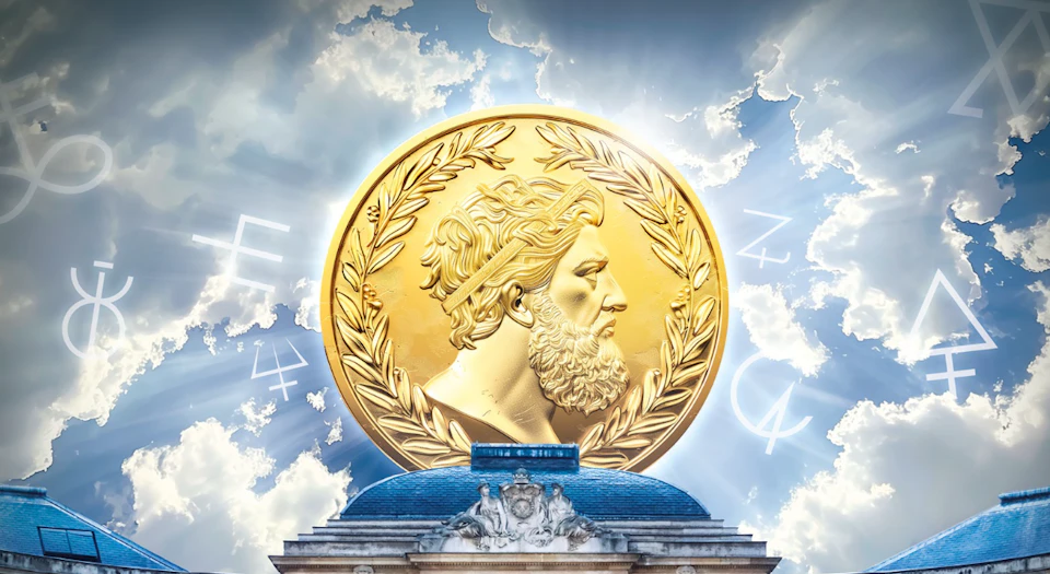 A large golden coin with a profile of a bearded man and a laurel wreath, set against a sky with clouds and symbols.