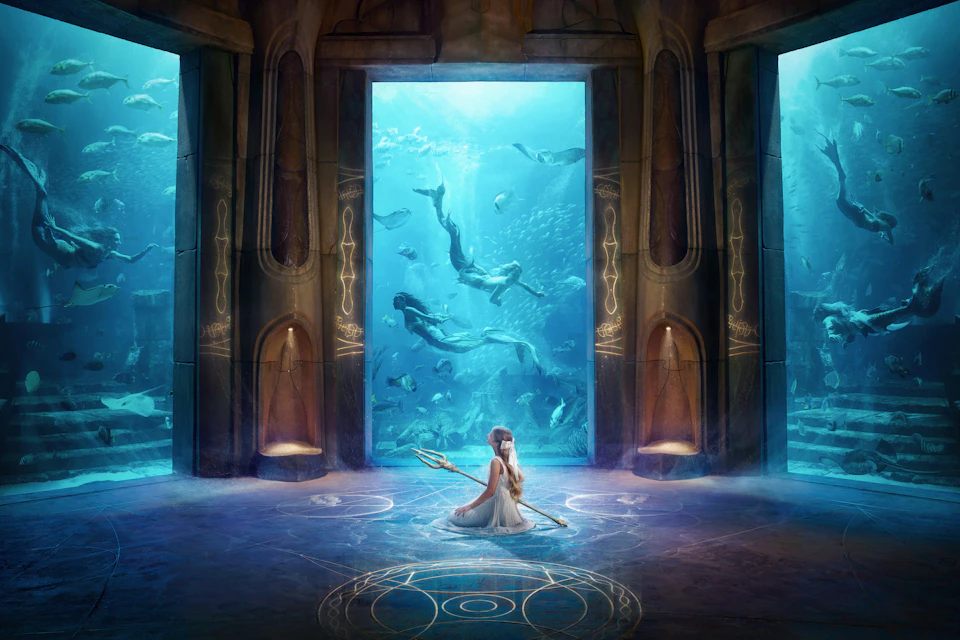 A woman seated on a glowing, ornate floor holding a trident, with an underwater scene of merfolk visible through a large window.