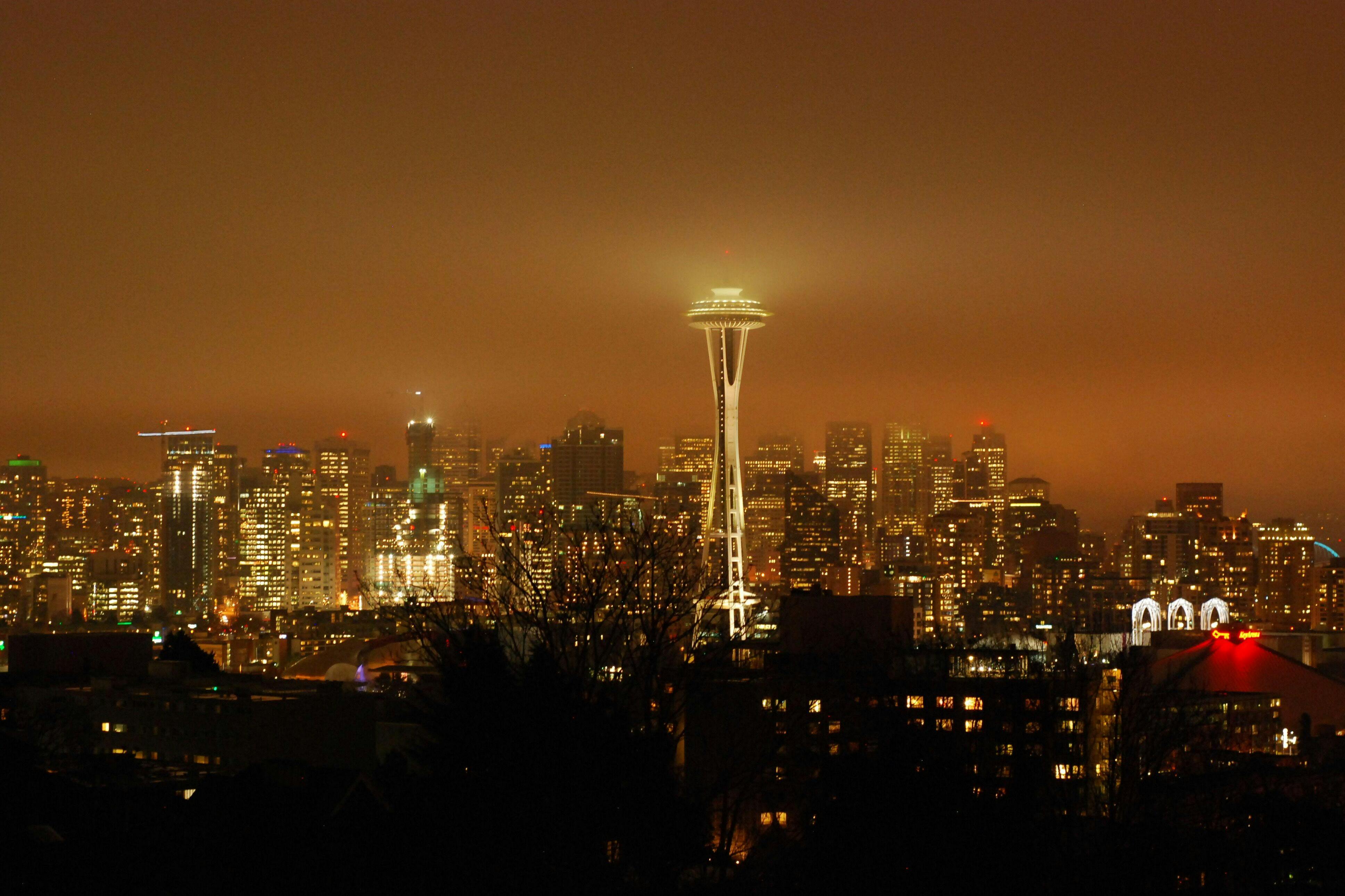 Nightime views of downtown Seattle including Seattle Space Needle