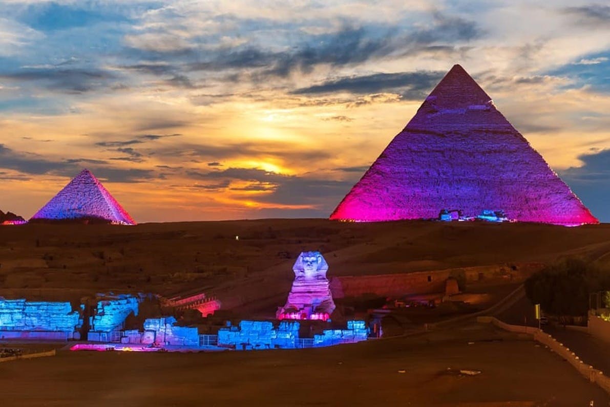 Discover Ancient Egypt’s history and the myth of the Sphinx at the iconic Sound and Light Show by the Giza Pyramids in Cairo.