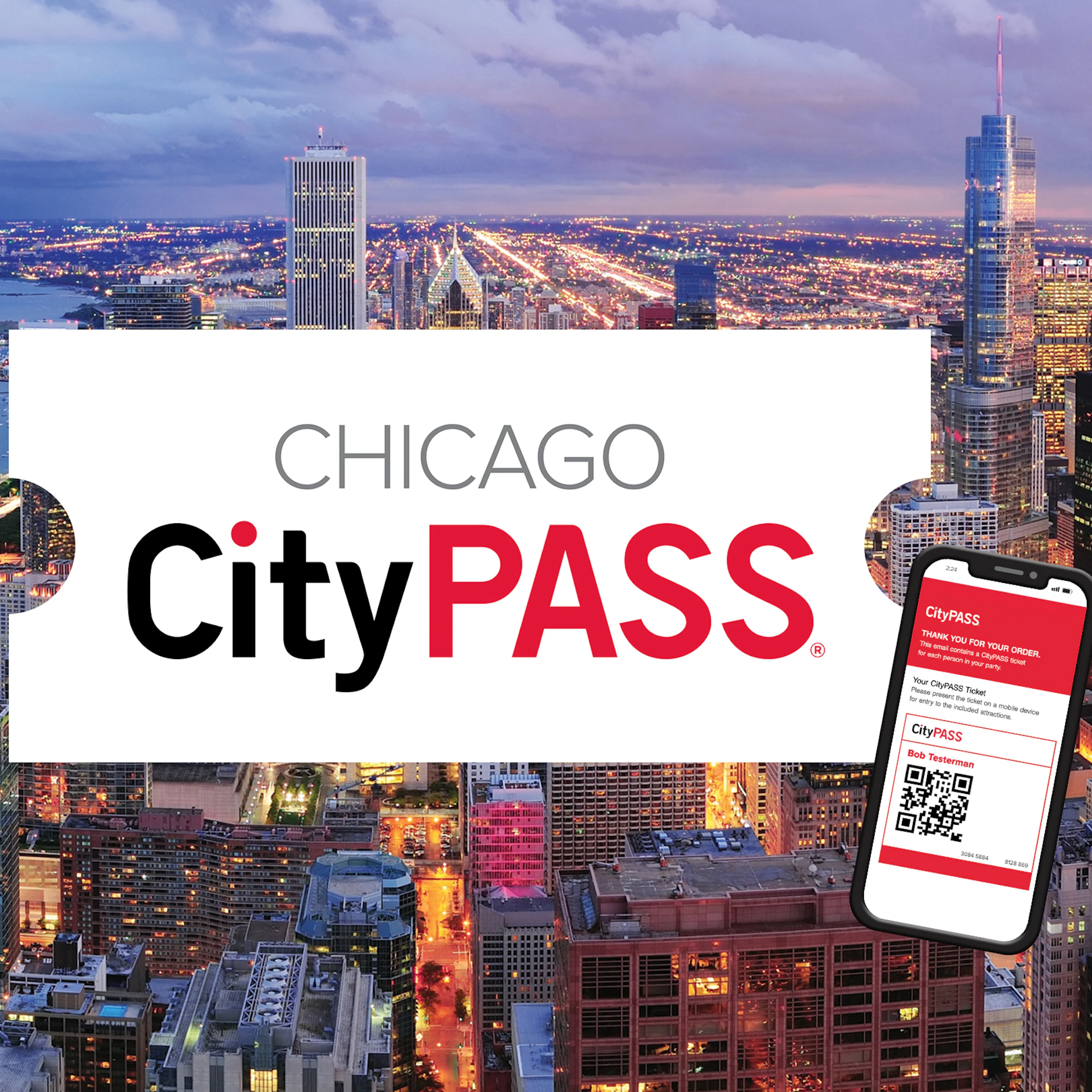 Chicago CityPASS logo over a cityscape showing Chicago's skyline at dusk, with a smartphone displaying the CityPASS ticket.