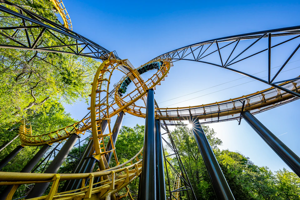 A looping yellow and black steel rollercoaster with people riding, set against a clear blue sky and surrounded by trees.
