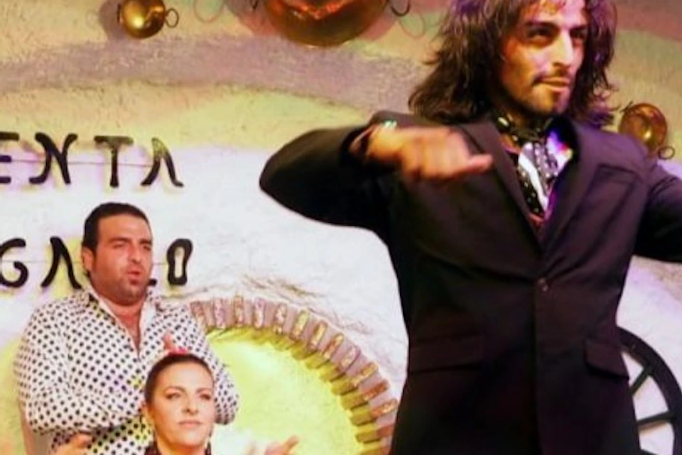 A flamenco dancer performs energetically on a stage, while seated individuals in traditional attire clap and watch.