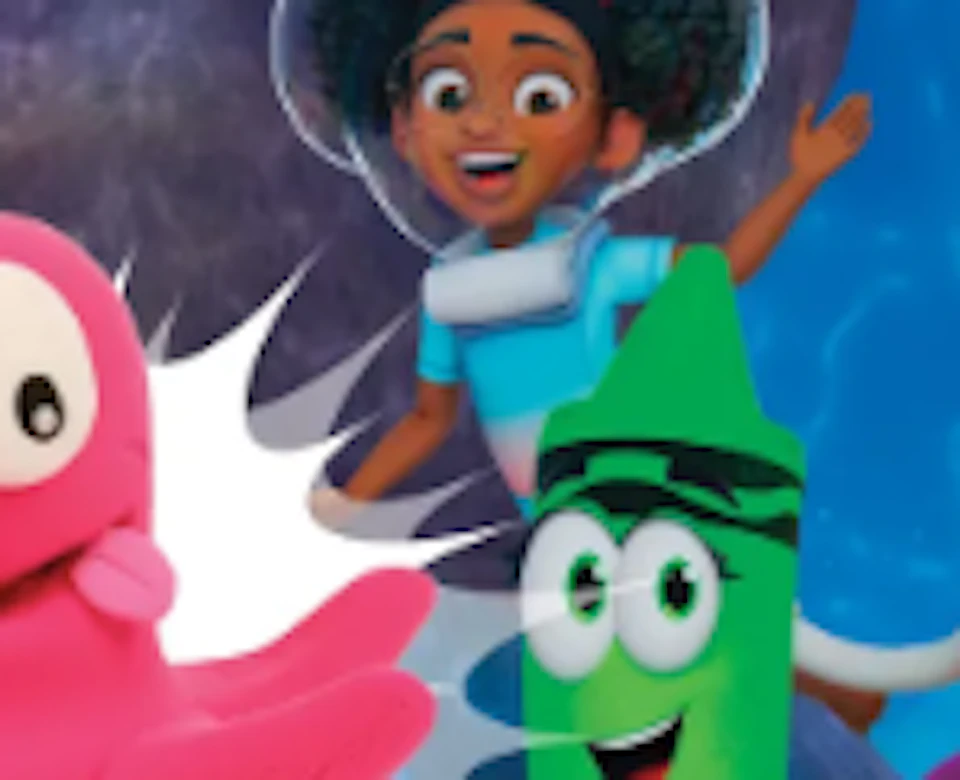 A person in a green sweater interacts with a colorful animated screen featuring Crayola Crew characters and a red octopus.