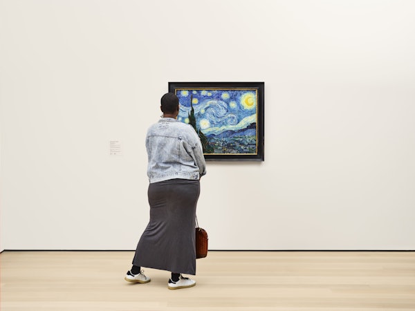 En person i denimjakke og lang nederdel står foran Van Goghs "Starry Night "-maleri på et museum.