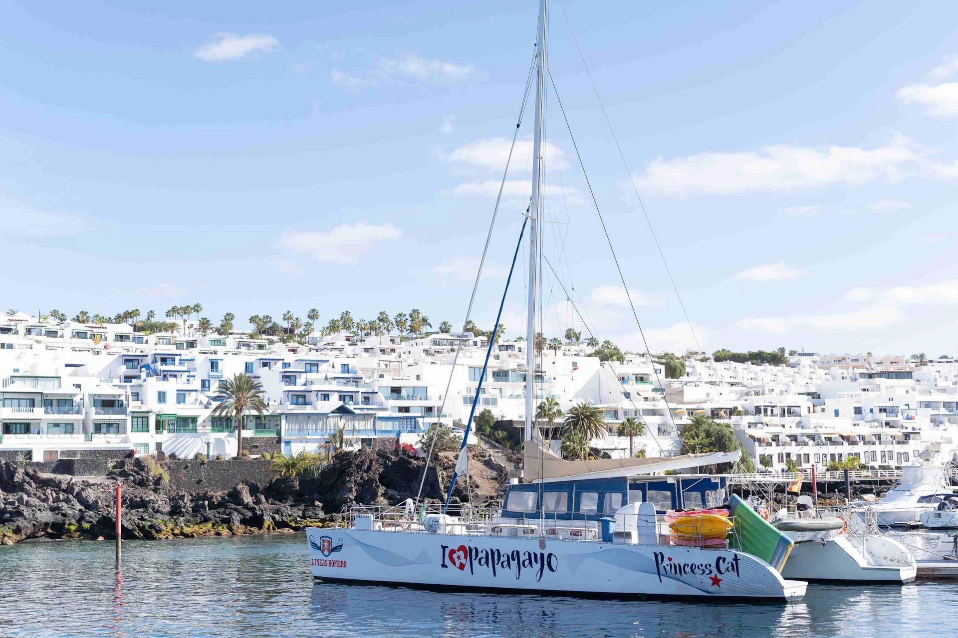 A catamaran with "I ❤️ Papagayo" and "Princess Cat" docked near a coastal town with white buildings and palm trees.