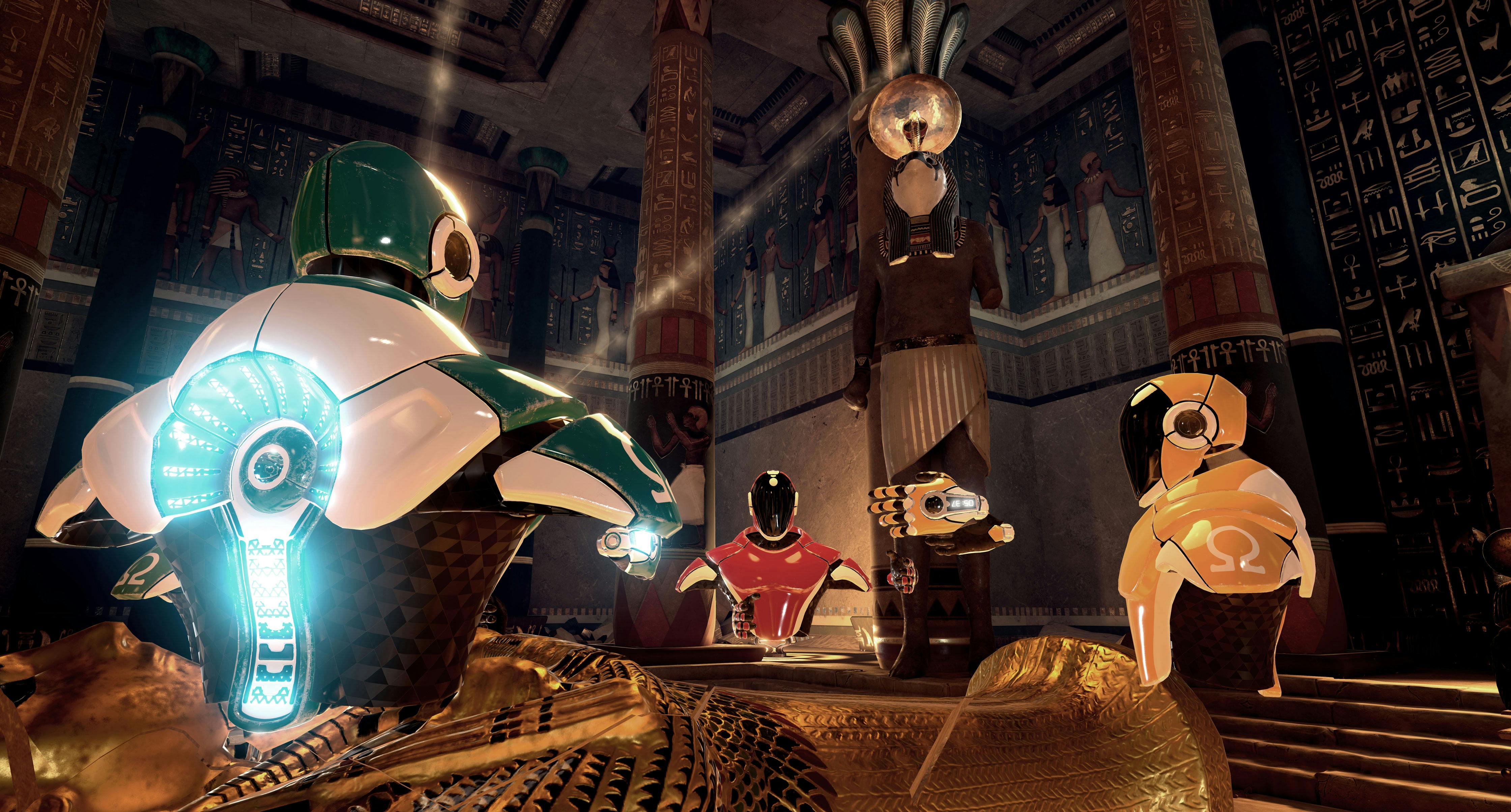 Robotfiguren zweven in een kamer met een oud Egyptisch thema, versierd met beelden, hiërogliefen en gouden artefacten.