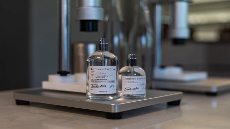 Two glass bottles of perfume labeled "Lumiere Parfum" on a metallic surface, with laboratory equipment in the background.