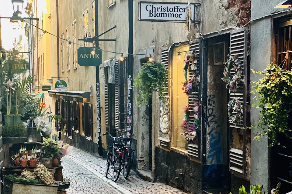 Narrow cobblestone alley with antique stores, flowering plants, and bikes. Signs for "ANTIK" and "Christoffer Blommor" are visible.