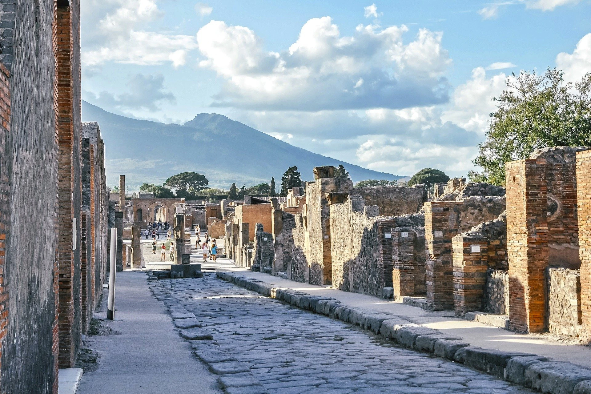 Ancient ruins of a stone-paved street with partially collapsed buildings, set against a backdrop of mountains and cloudy sky.