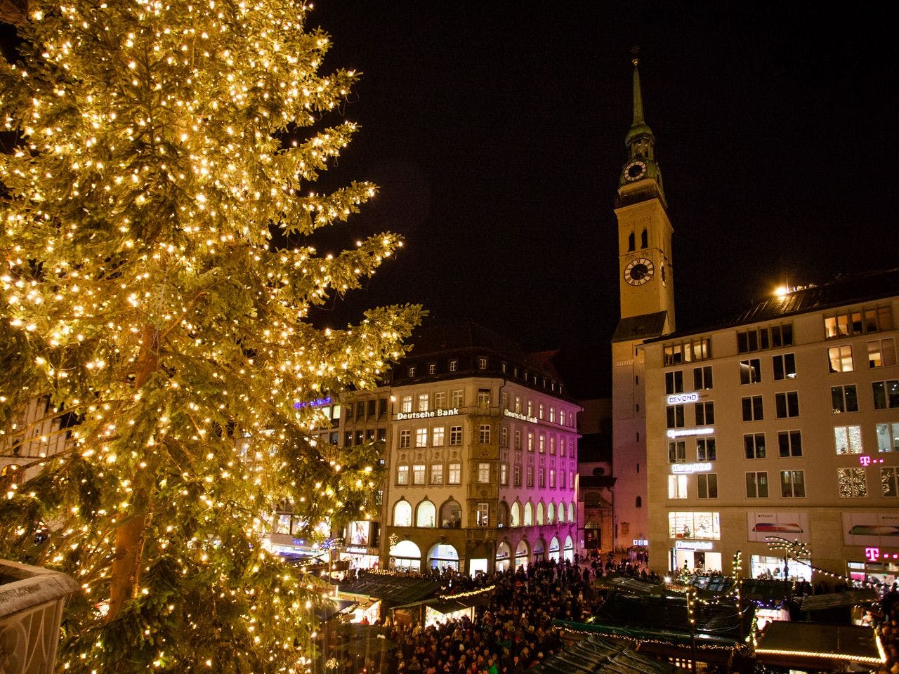 一大群人聚集在灯火通明的圣诞市场，在黑暗的天空下有一棵装饰的树和历史建筑。