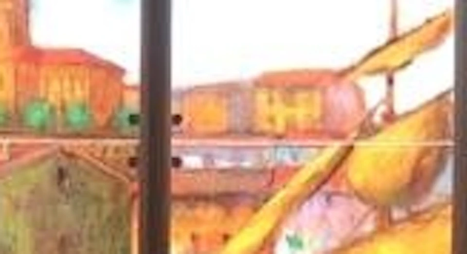 Stained glass mural depicting a waterfront scene with people, including a man standing with an oar, boats, and colorful buildings.