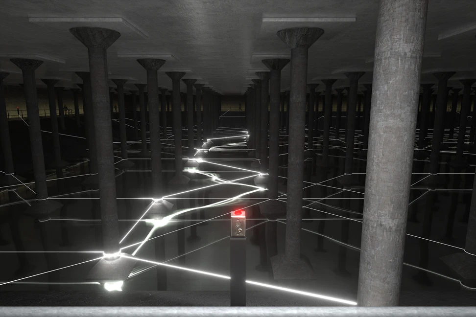 Cisterna do parque de Buffalo Bayou: Undercurrents Entrada da instalação artística