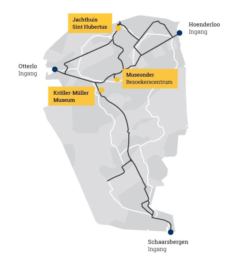 Carte indiquant les itinéraires et les emplacements dans un parc, y compris les entrées à Hoenderloo, Otterlo et Schaarsbergen, avec des sites étiquetés.
