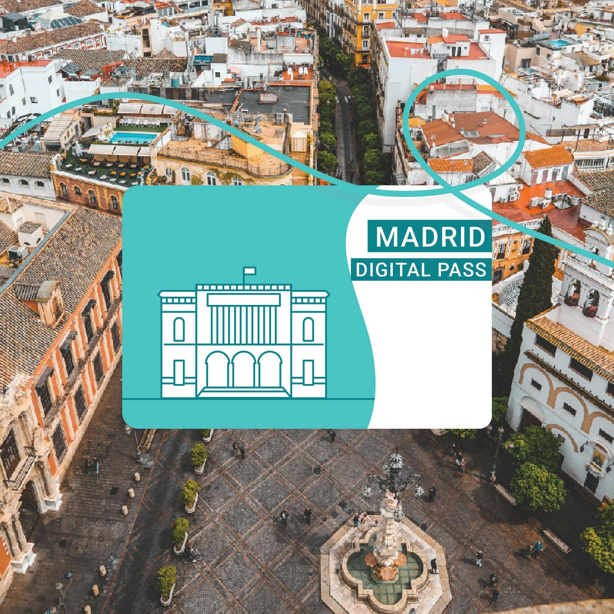 Aerial view of a city with an overlay of a "Madrid Digital Pass" card illustration featuring a stylized building.