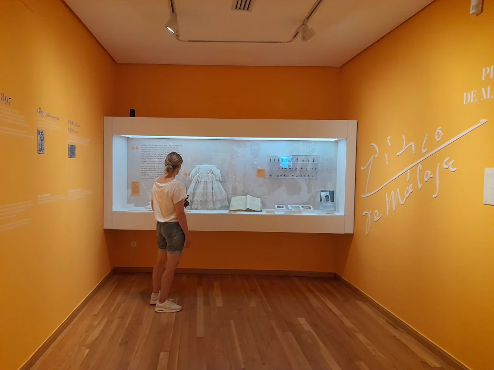 A person stands in front of an illuminated museum display case featuring historical artifacts, in a small room with orange walls.