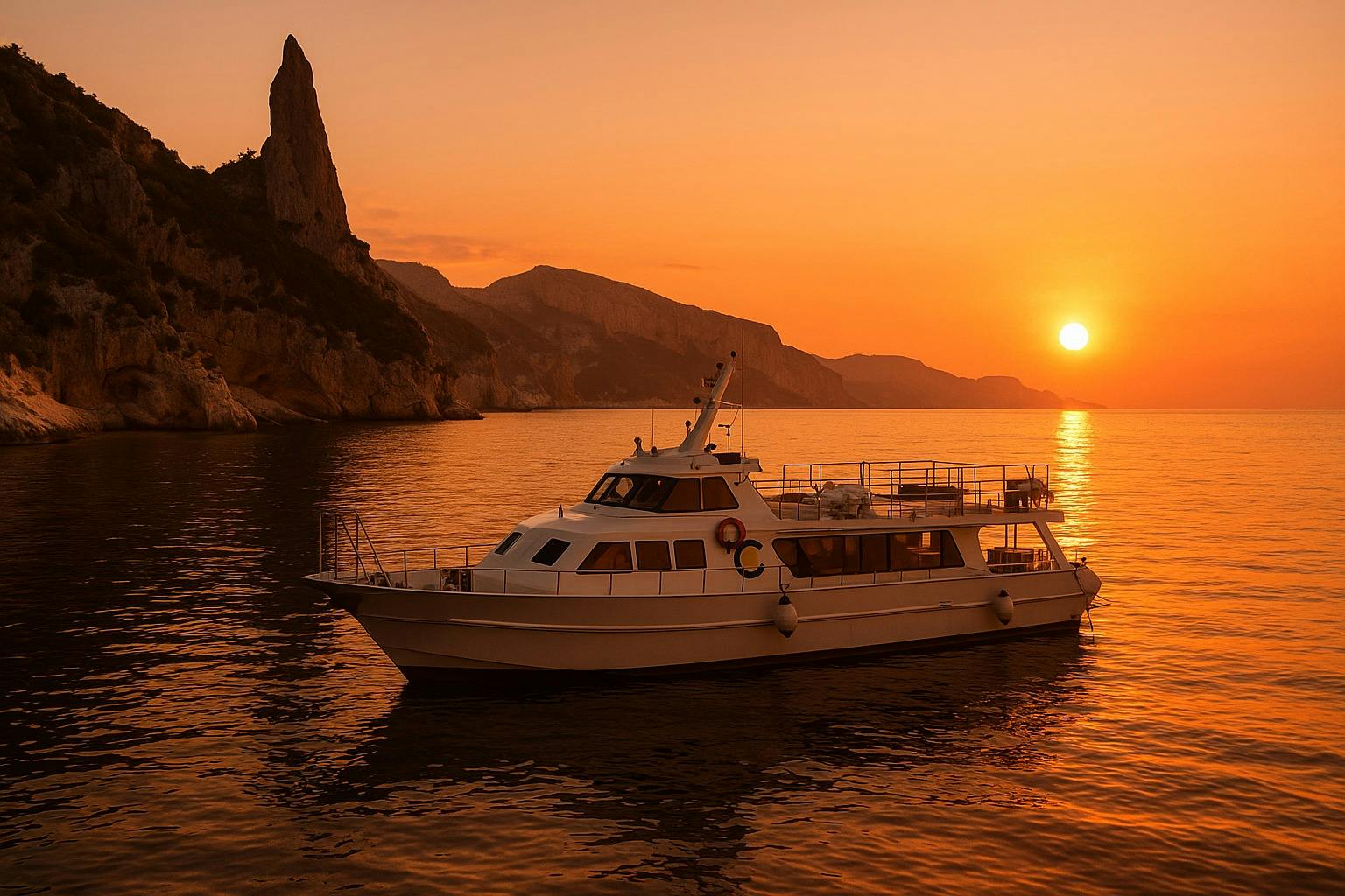 Ein Boot schwimmt bei Sonnenuntergang auf ruhigem Wasser mit felsigen Klippen im Hintergrund. Der Himmel und das Wasser sind in ein orangefarbenes Licht getaucht.