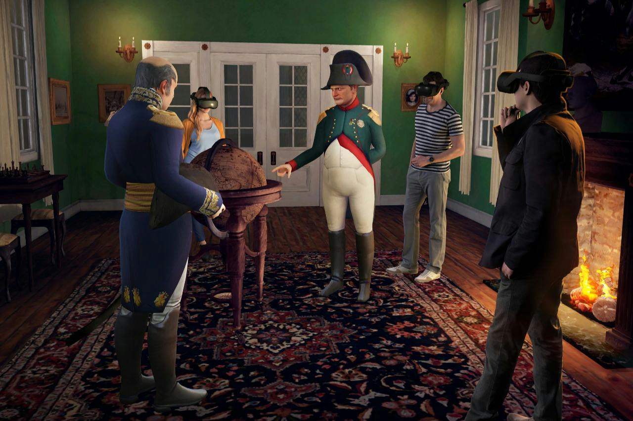 A group of people in a vintage-style room, some wearing VR headsets, with one dressed in a Napoleonic uniform.