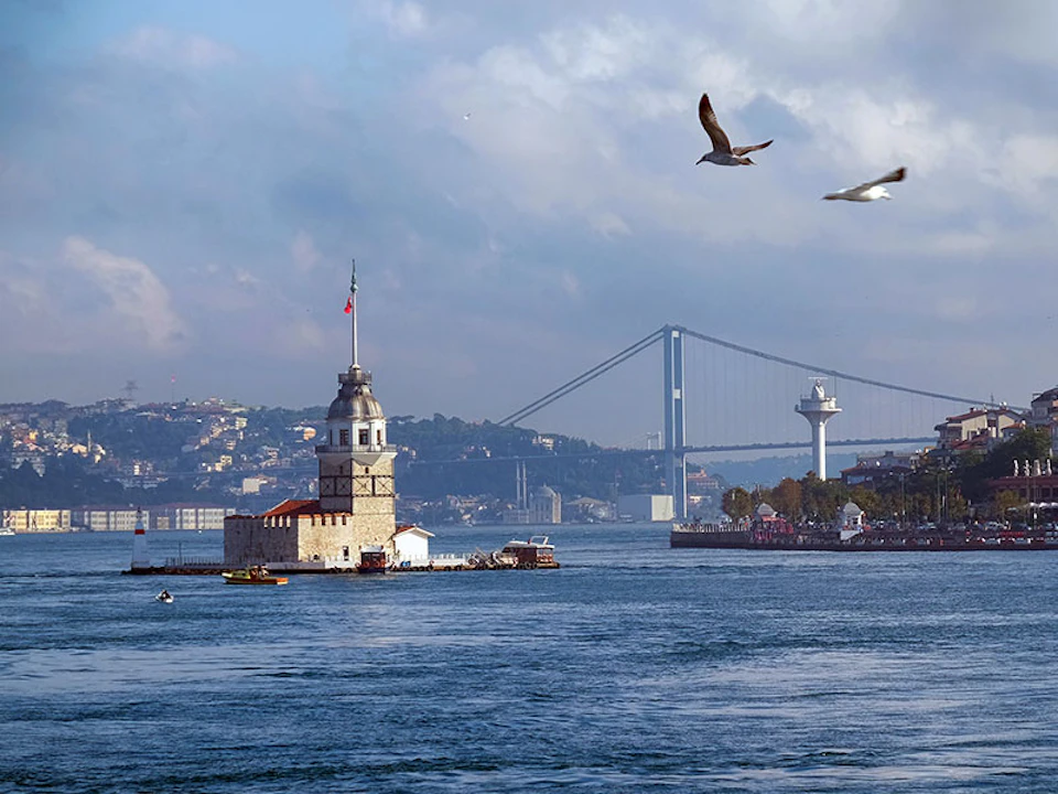 A tower on a small island in the water, with a suspension bridge and cityscape in the background and birds flying overhead.