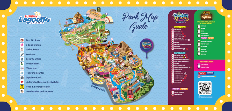 Illustrated park map with labeled attractions, paths, and the main entrance, accompanied by the title "Park Map Guide."