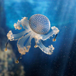 A translucent jellyfish with a blue, spotted bell floats underwater, surrounded by rays of light.